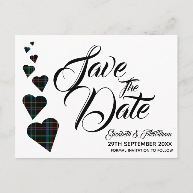 Green Tartan Herz Save the Date Postkarte (Vorderseite)
