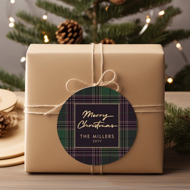 Green Tartan Kariert Buffalo Kariert Modern Elegan Runder Aufkleber (Green Tartan Plaid Buffalo Plaid Modern Elegant Classic Round Sticker)