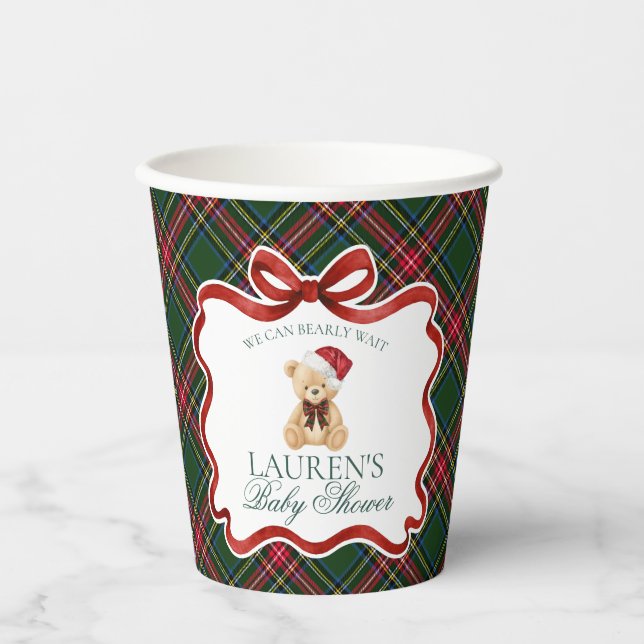 Green Tartan Plaid Christmas Bear Baby Shower Pappbecher (Vorderseite)