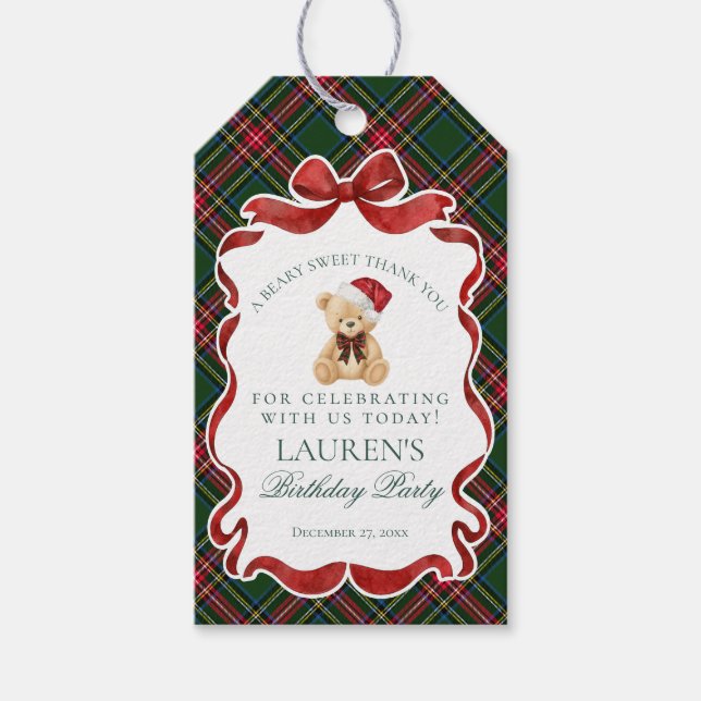 Green Tartan Plaid Christmas Bear Birthday Favors Geschenkanhänger (Vorderseite)