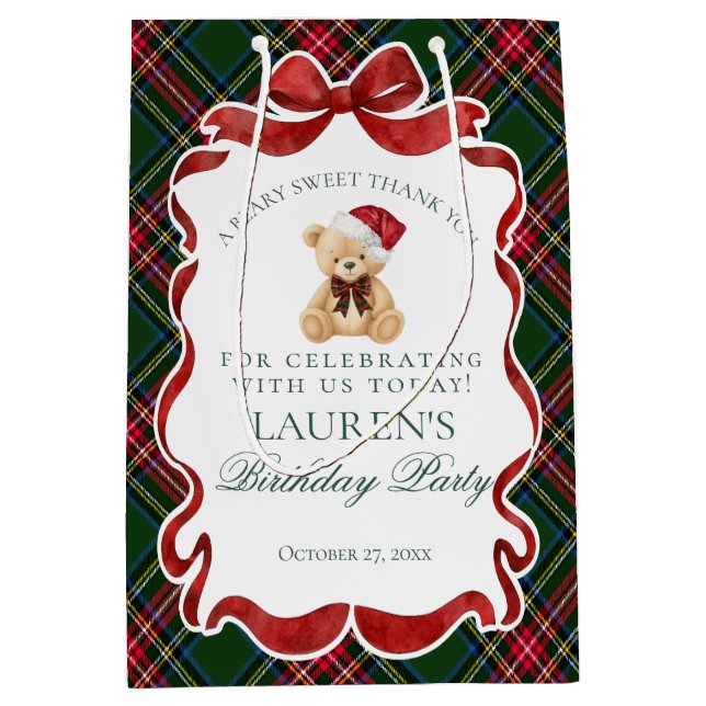 Green Tartan Plaid Christmas Bear Birthday Favors Mittlere Geschenktüte (Vorderseite)