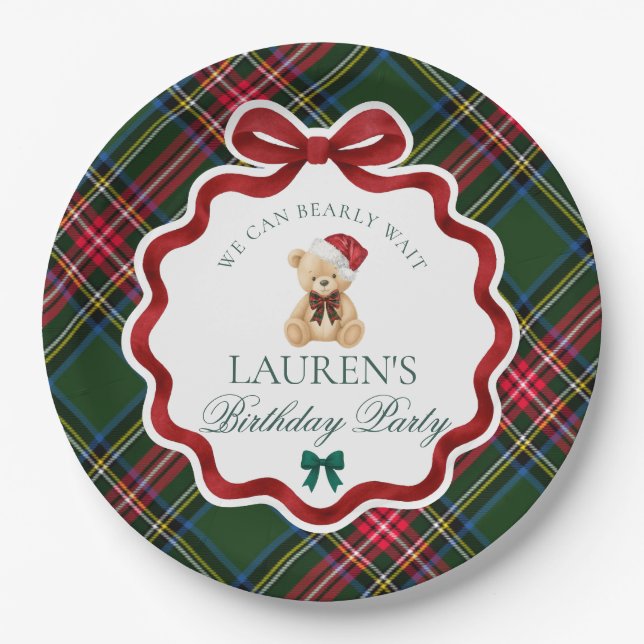 Green Tartan Plaid Christmas Bear Birthday Party  Pappteller (Vorderseite)