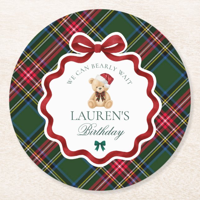 Green Tartan Plaid Christmas Bear Birthday Party Runder Pappuntersetzer (Vorderseite)