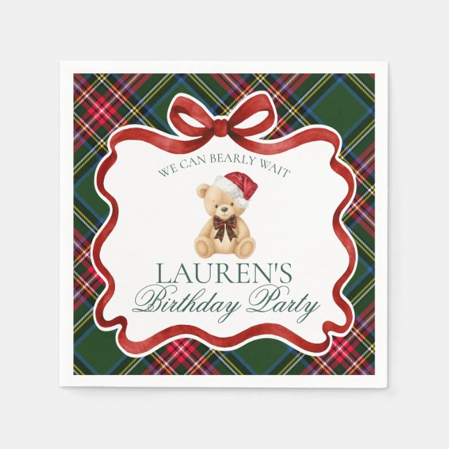 Green Tartan Plaid Christmas Bear Birthday Party Serviette (Vorderseite)