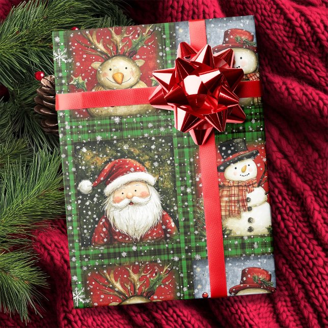 Green Tartan Santa Snowman Rentier Weihnachten Geschenkpapier (Green Tartan Santa Snowman Reindeer Christmas Wrapping Paper)