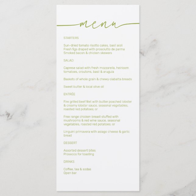 Green Tea ・ Moderne Minimalistische Script Wedding Menükarte (Vorderseite)