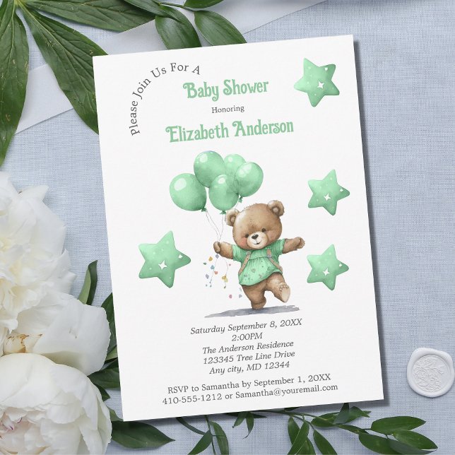 Green Teddy Bear Balloons Stars Boy Baby Dusche Einladung (Von Creator hochgeladen)
