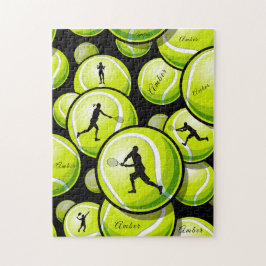 Green Tennis Balls & Players Pattern Kids Name hin Puzzle