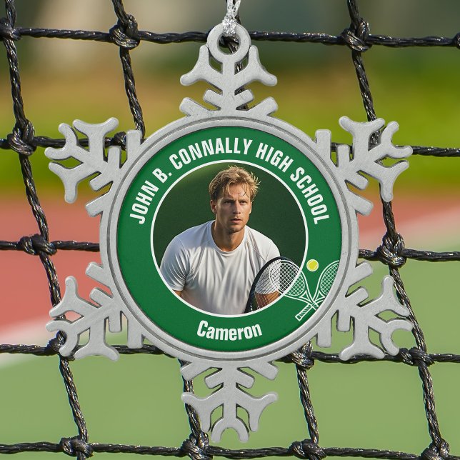 Green Tennis Player Photo High School Spirit Schneeflocken Zinn-Ornament (Von Creator hochgeladen)