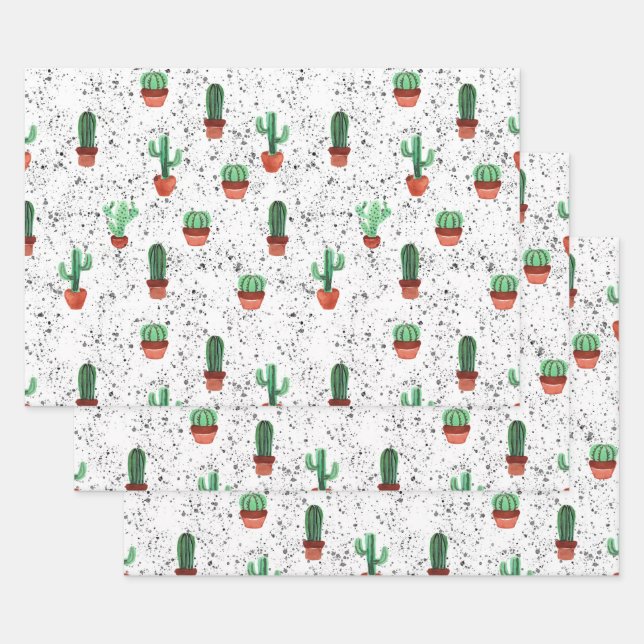 Green Terracotta Cactus Pots Spritzer Pattern Geschenkpapier Set (Set)