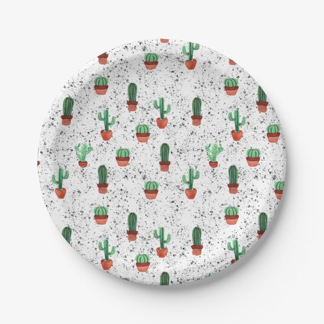 Green Terracotta Cactus Pots Spritzer Pattern Pappteller (Vorderseite)