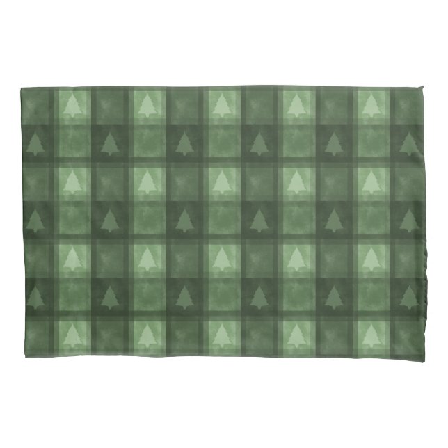 Green Textured Plaid And Fir Tree Shapes Christmas Kissenbezug (Vorderseite)