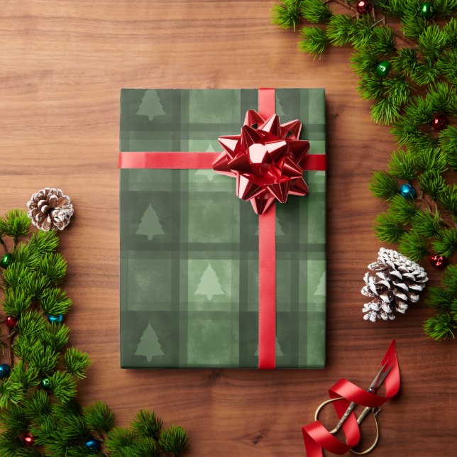 Green Textured Plaid With Fir Trees Christmas Geschenkpapier (Feiertagsgeschenk)