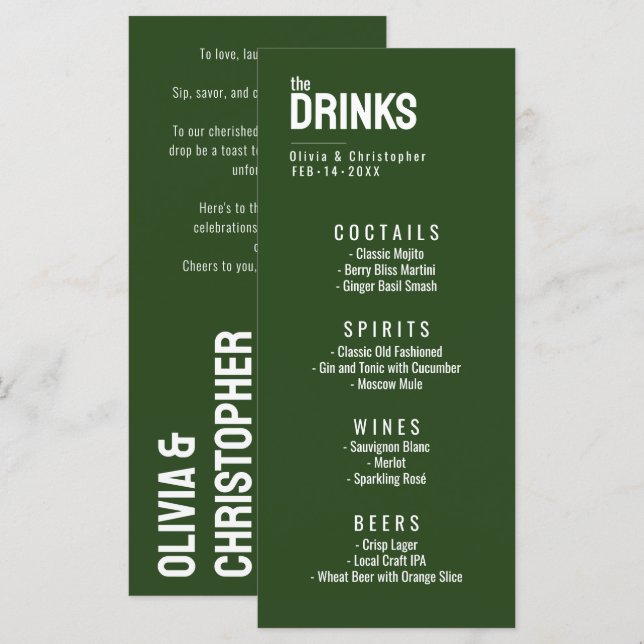 Green The Drinks Menü mit Minimalistischem Text Menükarte (Vorne/Hinten)