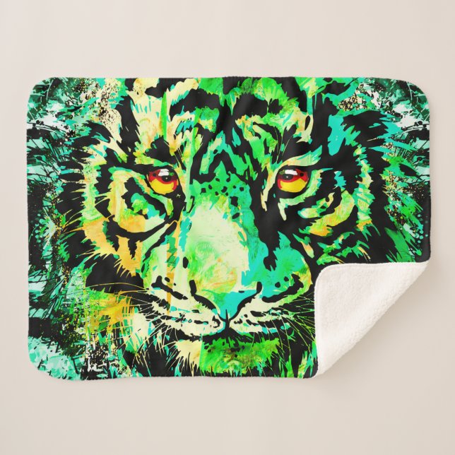 Green Tiger Head - farbenfrohe Tiger Sherpa Blanke Sherpadecke (Vorderseite (Horizontal))