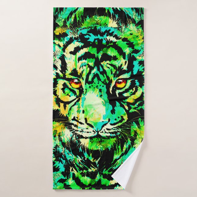 Green Tiger Head - Tiger Artwork - Wildlife Badhandtuch Set (Badehandtuch)
