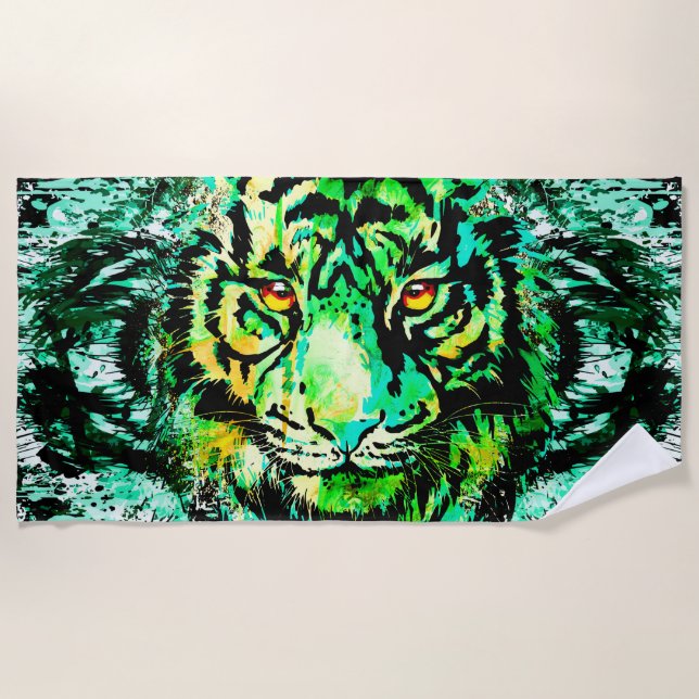 Green Tiger Head | Tiger Zeichnend Strandtuch (Vorderseite)