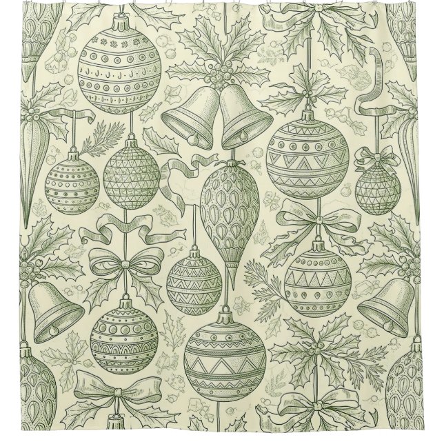 Green Toile Christmas Bells & Ornaments Pattern 2 Duschvorhang (Vorderseite)