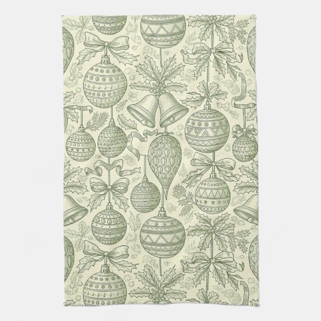 Green Toile Christmas Bells & Ornaments Pattern 2 Geschirrtuch (Vertikal)