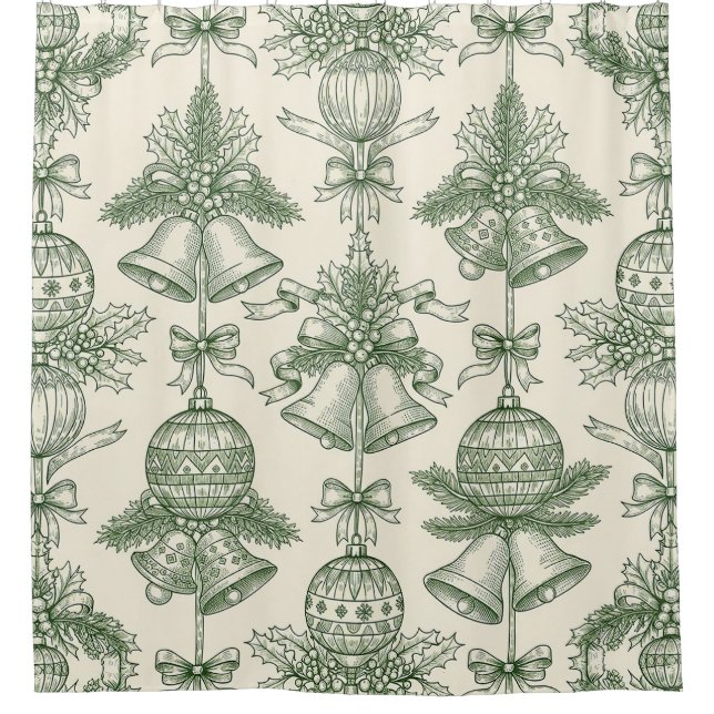 Green Toile Christmas Bells & Ornaments Pattern Duschvorhang (Vorderseite)