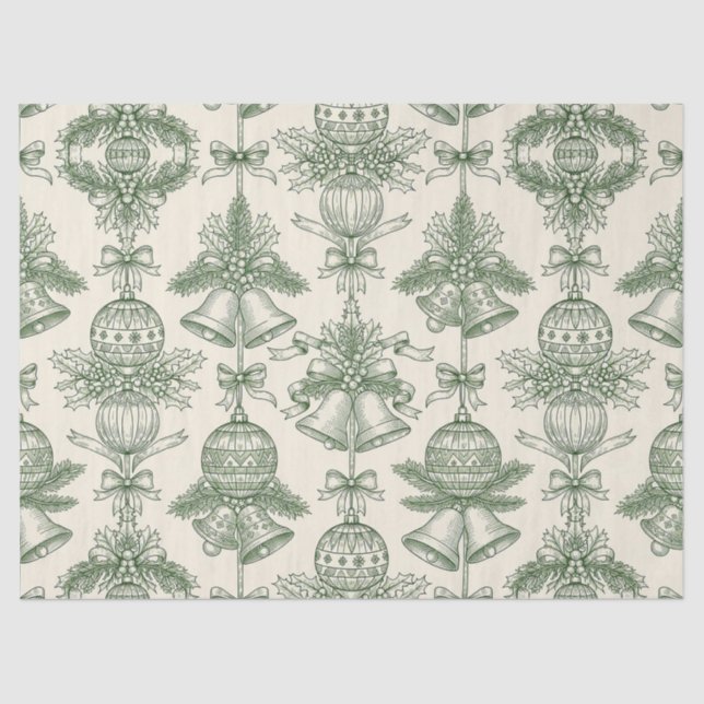 Green Toile Christmas Bells & Ornaments Pattern Seidenpapier (Vorderseite)