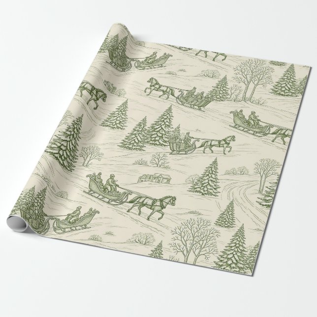 Green Toile Christmas Sleigh Ride Pattern (2) Geschenkpapier (Ungerollt)