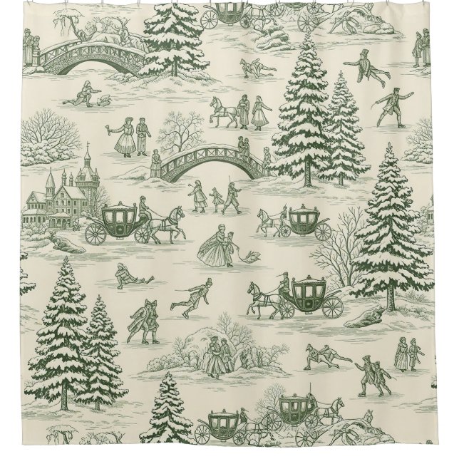 Green Toile Christmas Sleigh Ride Pattern (3) Duschvorhang (Vorderseite)