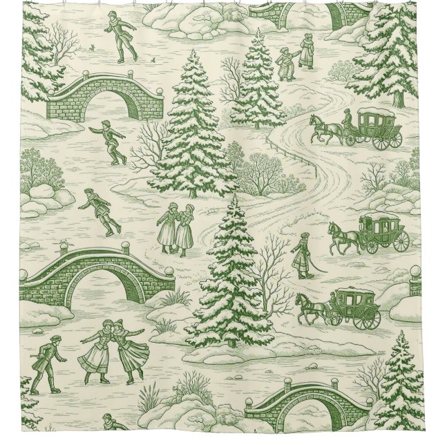 Green Toile Christmas Sleigh Ride Pattern (4) Duschvorhang (Vorderseite)