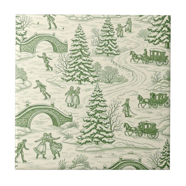 Green Toile Christmas Sleigh Ride Pattern (4) Fliese (Vorderseite)