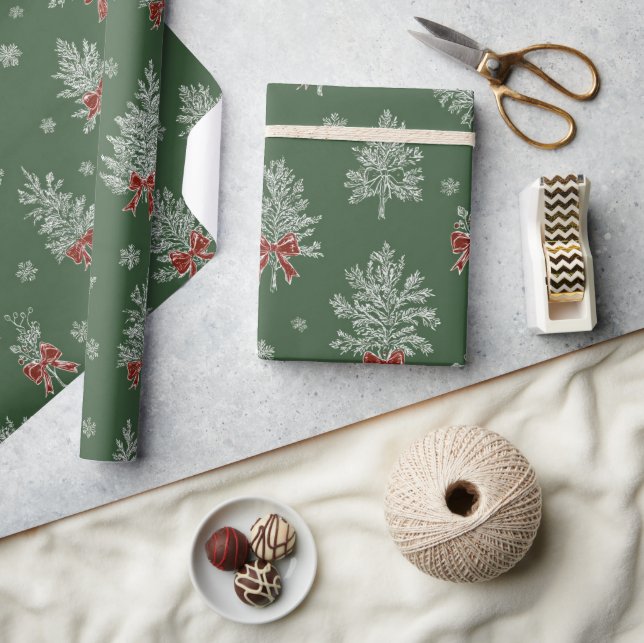 Green Toile Christmas Tree Pattern Geschenkpapier (Kunsthandwerk)