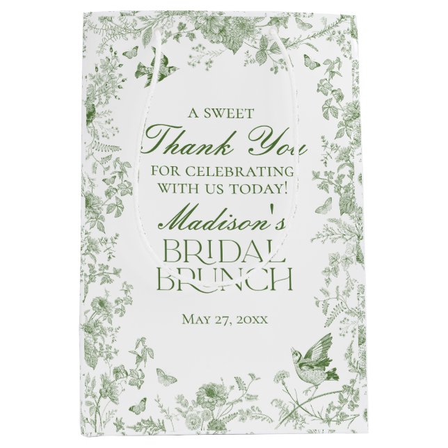 Green Toile De Jouy Floral Bridal Brunch Favoriten Mittlere Geschenktüte (Vorderseite)