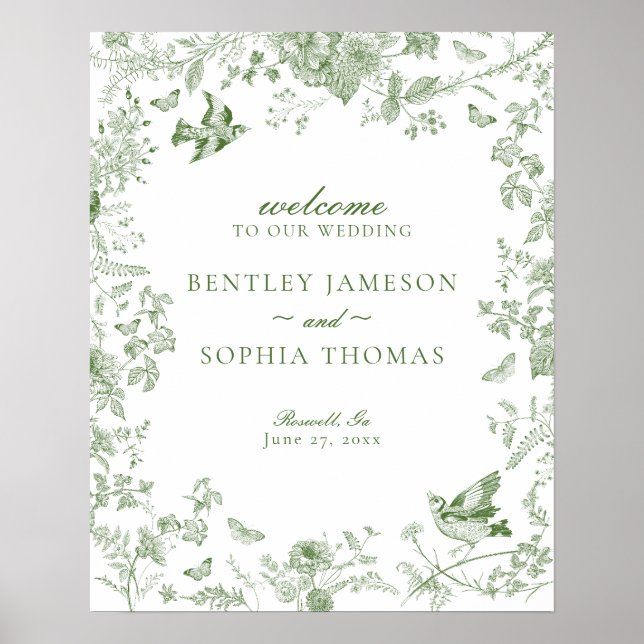 Green Toile De Jouy Floral Wedding Willkommenszeic Poster (Vorne)