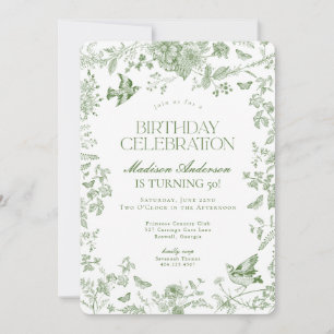 Green Toile De Jouy French Floral Birthday Party Einladung