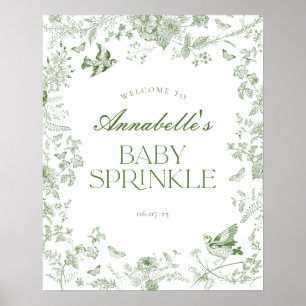 Green Toile Jouy Floral Baby Sprinkle Begrüßungsze Poster