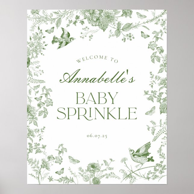 Green Toile Jouy Floral Baby Sprinkle Begrüßungsze Poster (Vorne)