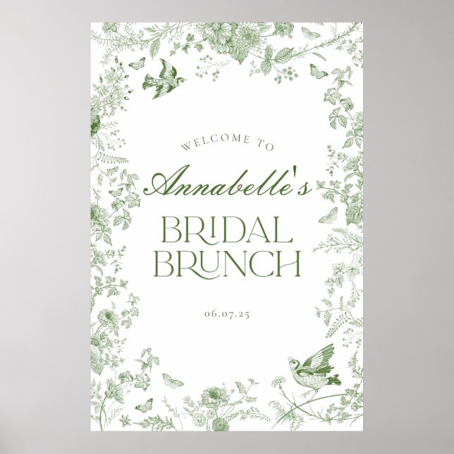 Green Toile Jouy Floral Bridal Brunch Begrüßungsze Poster (Vorne)