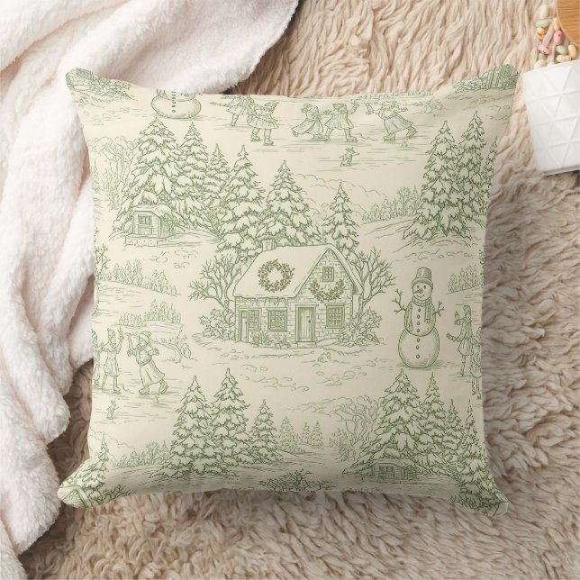 Green Toile Vintage Christmas Village Pattern (5) Kissen (Decke)