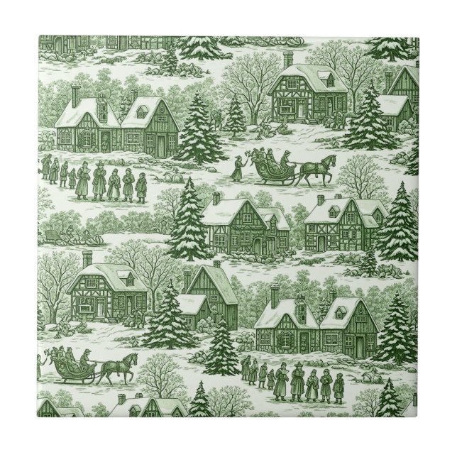 Green Toile Vintage Christmas Village Pattern Fliese (Vorderseite)