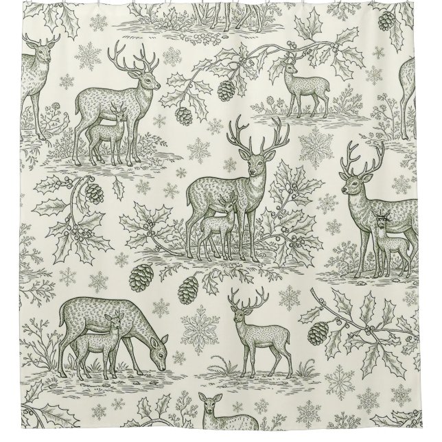 Green Toile Woodland Deer Christmas Pattern (3) Duschvorhang (Vorderseite)