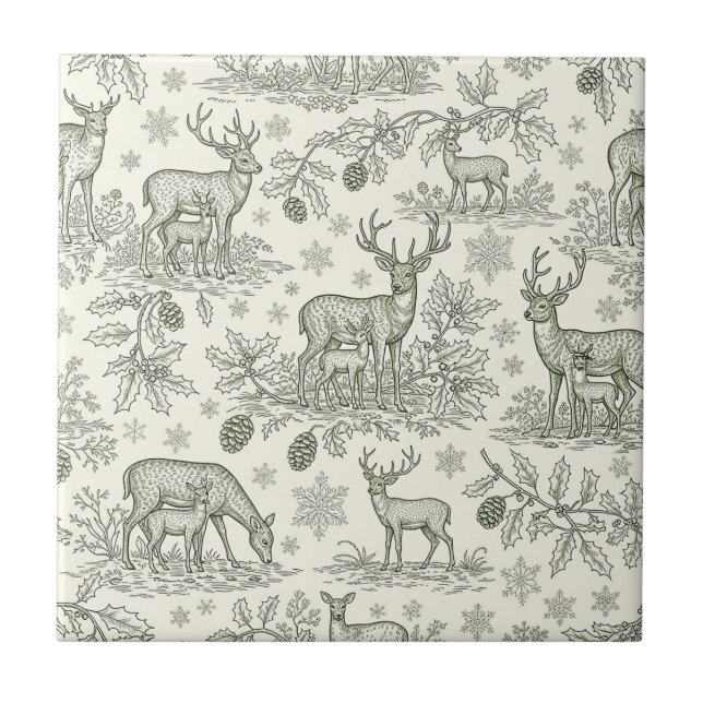 Green Toile Woodland Deer Christmas Pattern (3) Fliese (Vorderseite)