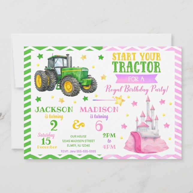 Green Tractor and Princess Joint Birthday Einladung (Vorderseite)