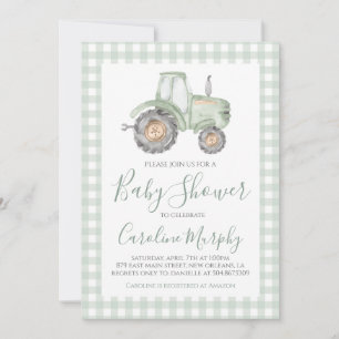 Green Tractor Baby Shower Preppy Gingham Einladung