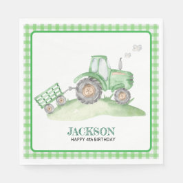 Green Tractor birthday napkins checkered gingham Serviette