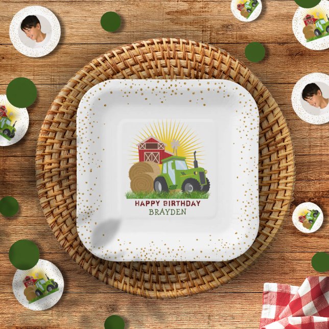 Green Tractor 🚜 Farm Trucks nach Maß Pappteller (Green Tractor 🚜 Farm Trucks Customized Paper Plates)
