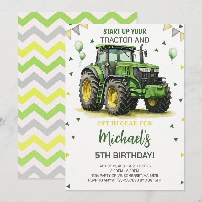 Green Tractor Thema Geburtstagsparty Einladung (Vorne/Hinten)