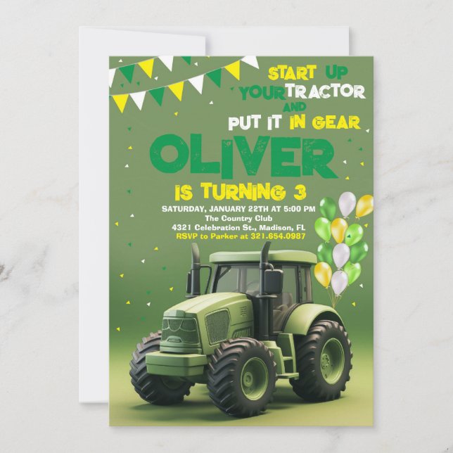 Green Traktor 3. Geburtstag Party Einladung (Vorderseite)
