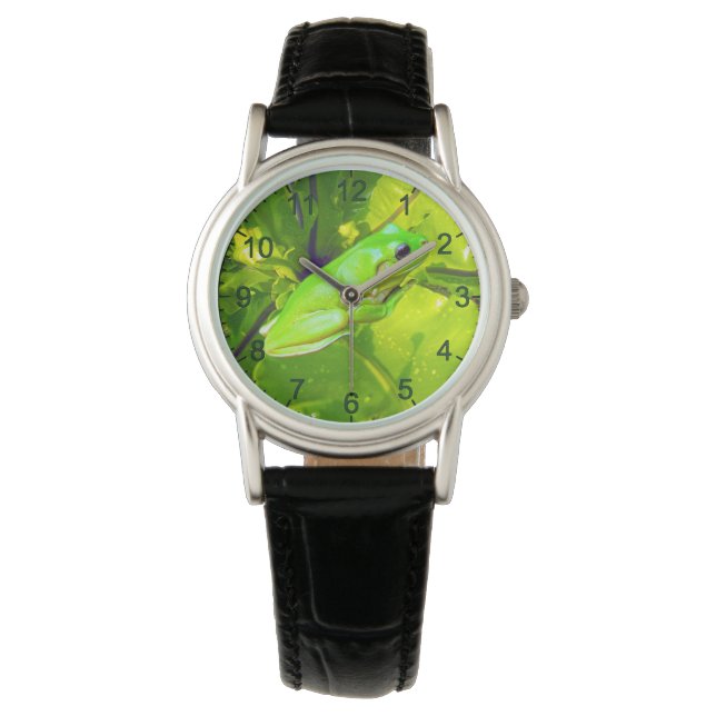 Green Tree Frog, Ladys Leather Watch Armbanduhr (Vorderseite)