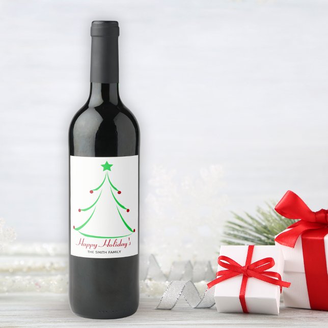 Green Tree Red Baubles Happy Holidays Weihnachten Weinetikett (Green Tree Red Baubles Happy Holidays Christmas Wine Label)