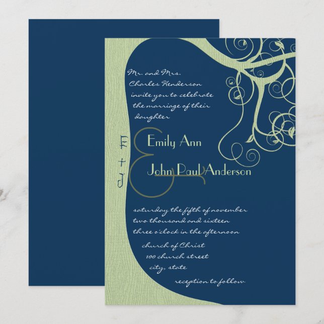 Green Tree Wirbel auf Einladung zur Hochzeit mitta (Vorne/Hinten)