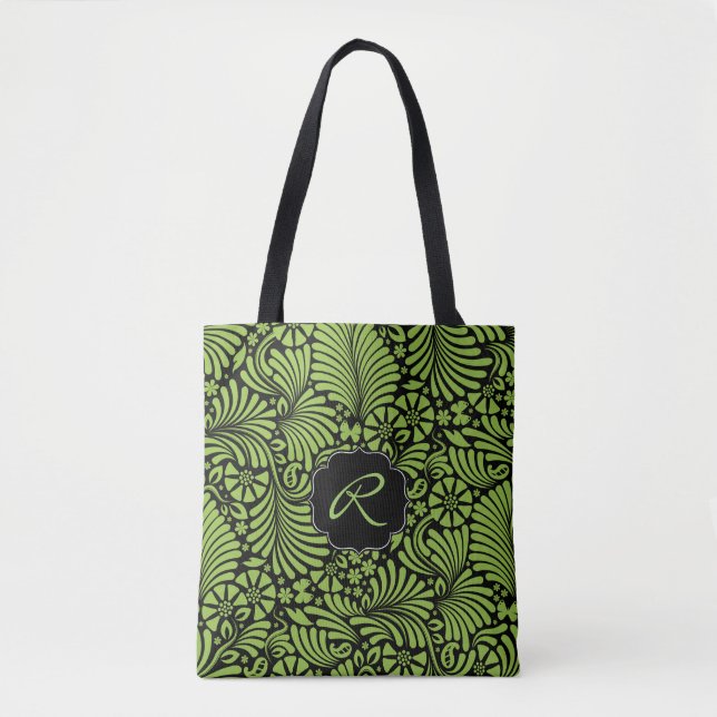 Green Tropical Damask Muster mit Monogramm (Vorderseite)